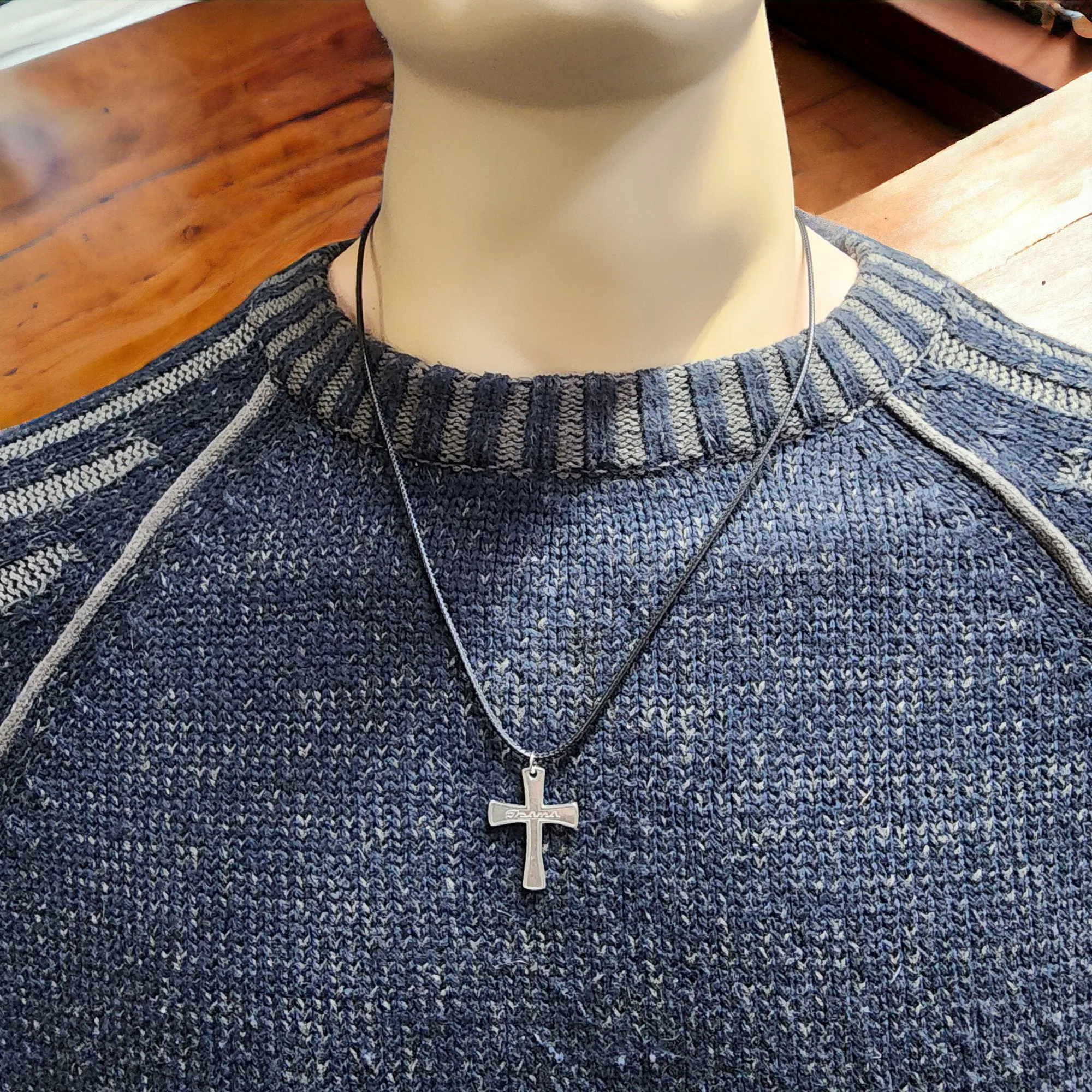 Jesus Cross Antique Silver Metal Finish Black Cord Necklace